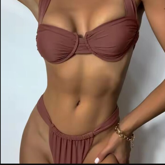 Shein Brown Ruched Crisscross Underwire Bikini Set - Picture 1 of 10